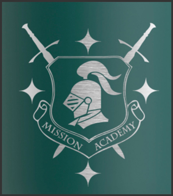 Mission Academy logo of knight on shield with crisscrossed swords