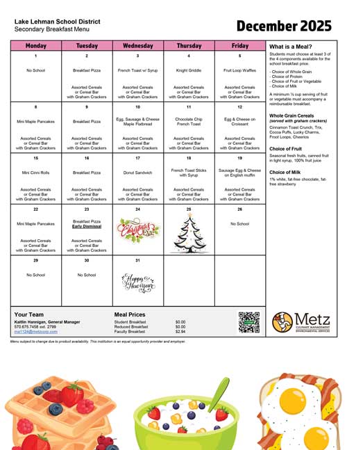 Breakfast menu for December 2025