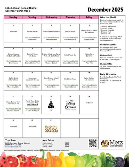 Lunch menu for December 2025