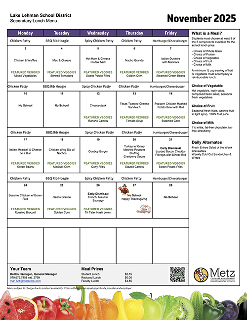 Lunch menu for November 2025