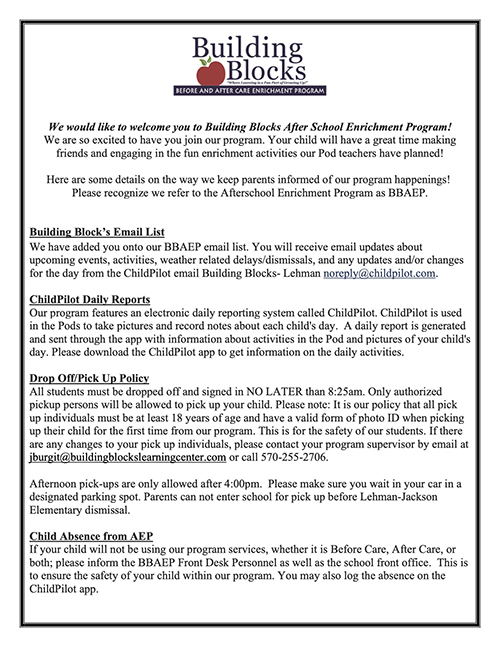Building Blocks After Care program flyer