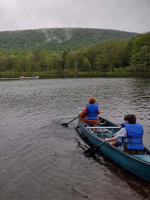 Backs of two boys in canoe