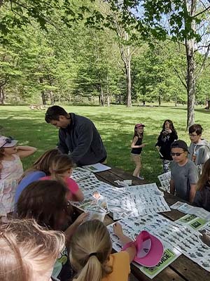 Students looking at photos of fish