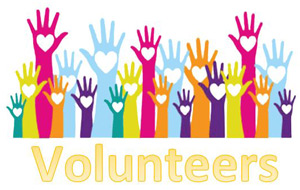 clip art hands raised over the word Volunteers