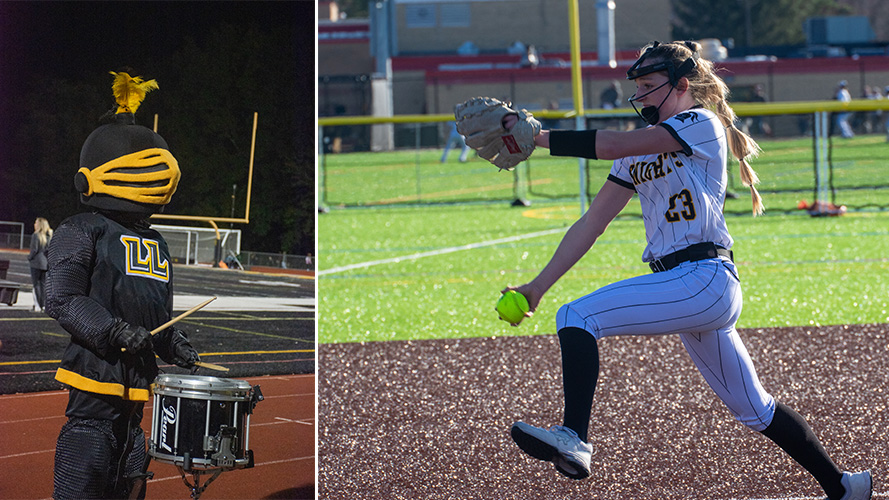 School mascot next to softball player